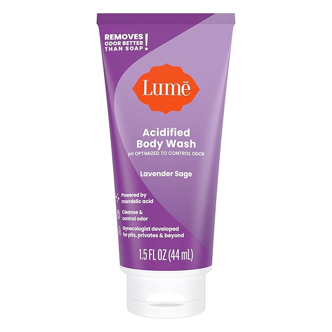 Lume Acidified Body Wash 5 Pack Minis - 24 Hour Odor Control - Moisturizing Formulated Without SLS & Parabens - 1.5 ounce Tubes (Clean Tangerine, Lavender Sage, Peony Rose, Toasted Coconut, Unscented)