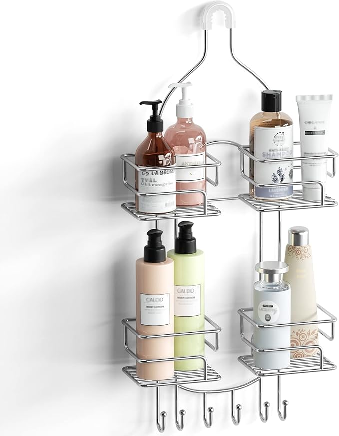 SRIWATANA Shower Caddy Organizer Hanging Over Head, Bathroom Shower Rack Hanger with Hooks for Razors - Chrome