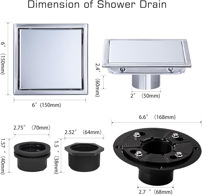 Square Shower Drain, Silver Shower Drain 6 inch with Flange and 2 in 1 Tile-Insert Cover, AISI 304 Stainless Steel Shower Floor Drain with Hair Catcher and Flange