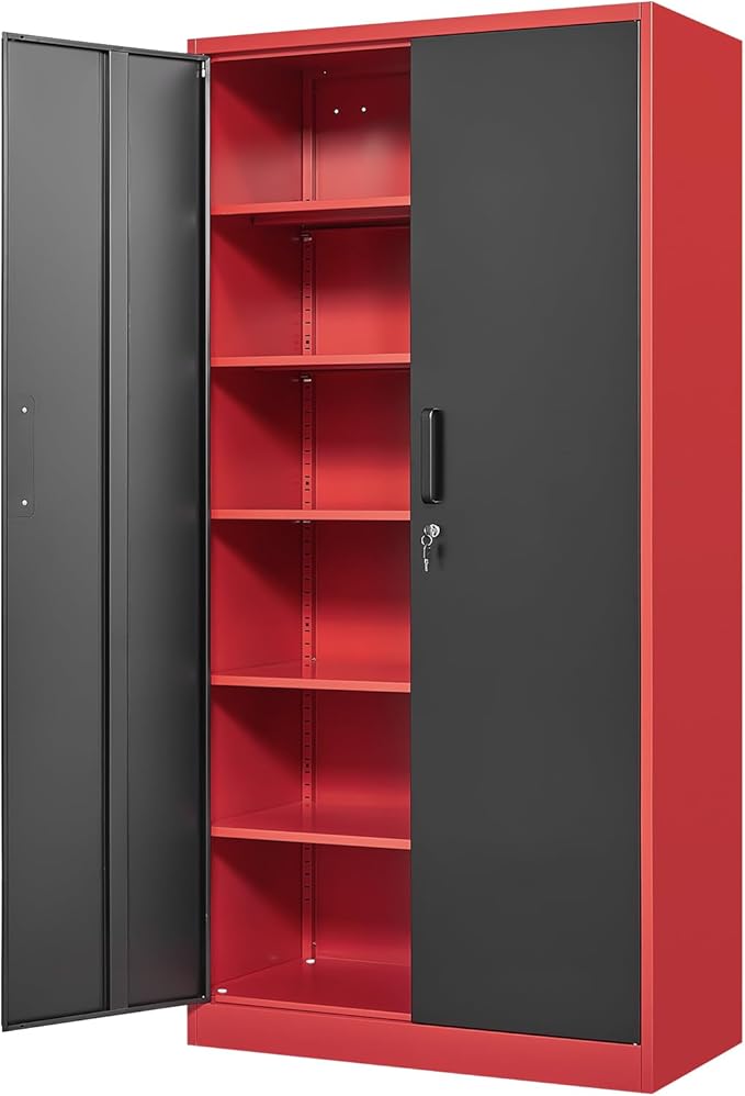 Yizosh Metal Garage Storage Cabinet with 2 Doors and 5 Adjustable Shelves - 71" Steel Lockable File Cabinet,Locking Tool Cabinets for Office,Home,Garage,Gym,School (Red Black)