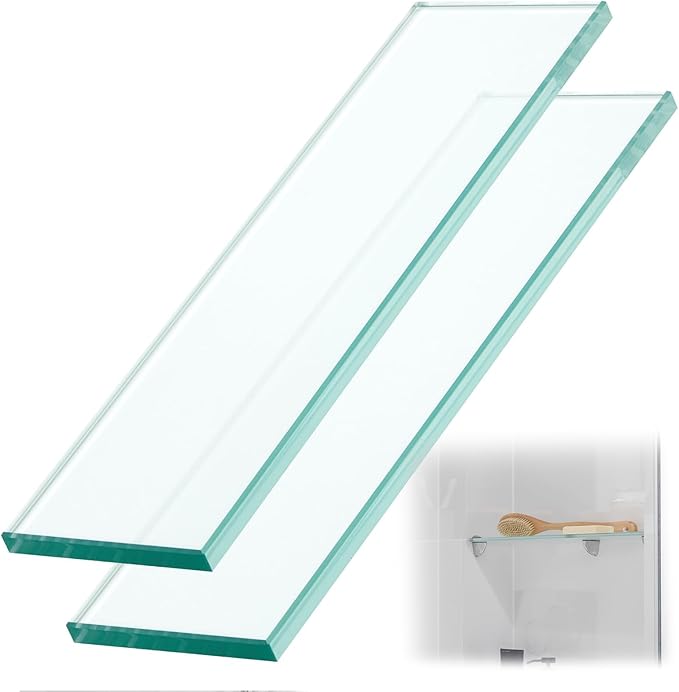 2 Pcs 3-3/8" x 12" 3/8" Thick Tempered Glass Shelf Clear Flat Polished, Flush-Mounted Floating Shelf for Bathroom Essentials & Shower Niche No Mounting Hardware Required