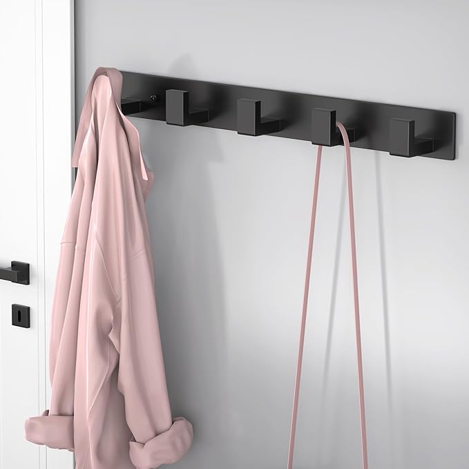 PMMASTO Coat Rack Wall Mount, Coat Hooks Wall Hooks for Hanging, Stainless Steel Coat Hanger Towel Hooks for Bathrooms, Hat Rack (Black 5 Hooks, 1 Pack)