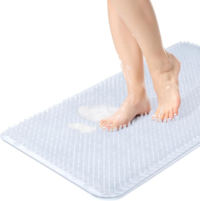 OTHWAY Non Slip Grassy Bathtub Mat : 27.5X15.7 inches Sturdy But Soft Bath Mat_Quick Drain Shower Floor Mat with Soft Bristles for Scrubbing Feet (Clear)