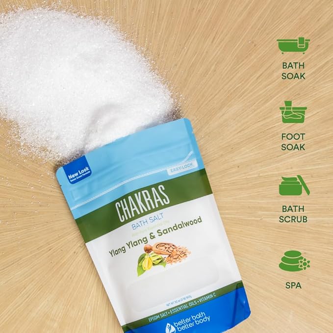 Chakras Bath Salt 32 Ounces Epsom Salt with Natural Ylang Ylang, Sandalwood, Eucalyptus, Frankincense, Chamomile and Cinnamon Essential Oils Plus Vitamin C in BPA Free Pouch with Easy Press-Lock Seal