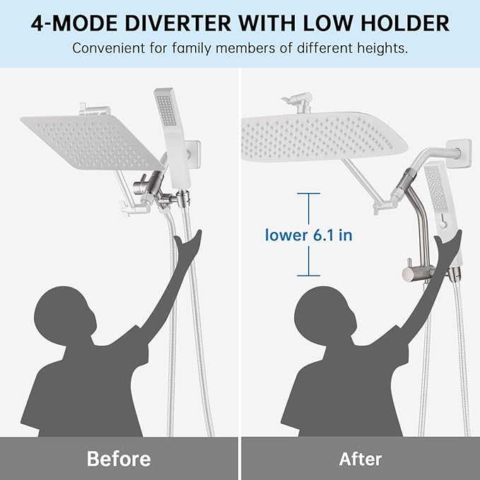 G-Promise All Metal 14 Inch Shower Head with Massage Mode Handheld, Rain Shower Head with Handheld Spray Combo, 3-Way Diverter with Pause Setting, 12 Inch Adjustable Extension Arm (Brushed Nickel)
