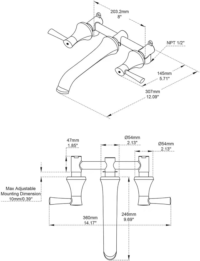 Wall Mount Tub Filler Brass Tub Faucet Brushed Gold Bathroom Bathtub Faucets with 2 Handles