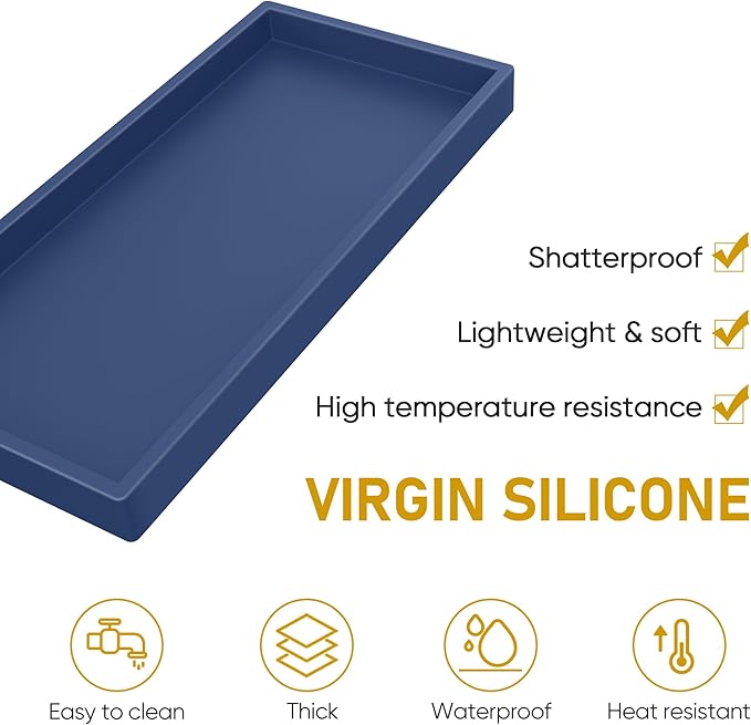 Bathroom Counter Tray,EG-SIPRO High-Grade Thickened Silicone Vanity Tray,Shatterproof Durable Rectangle Tray Soap Dispenser for Countertop,Sapphire Blue,Small+Large (EGTRAY)