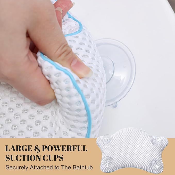 Non Slip Bath Pillow, Luxury Spa Bathtub Head & Neck Rest Support, Permeable Quick Drying Air Mesh Tub Pillow with 4 Large Suction Cups, Fits Any Tubs, Soft and Relaxing