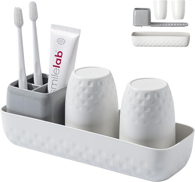 Toothbrush Holder for Bathrooms, Toothbrush Organizer Countertop for Toothbrush Storage, Toothbrush and Toothpaste Holders Set with 3 Slots, Tooth Brushing Cup Caddy for Family-White
