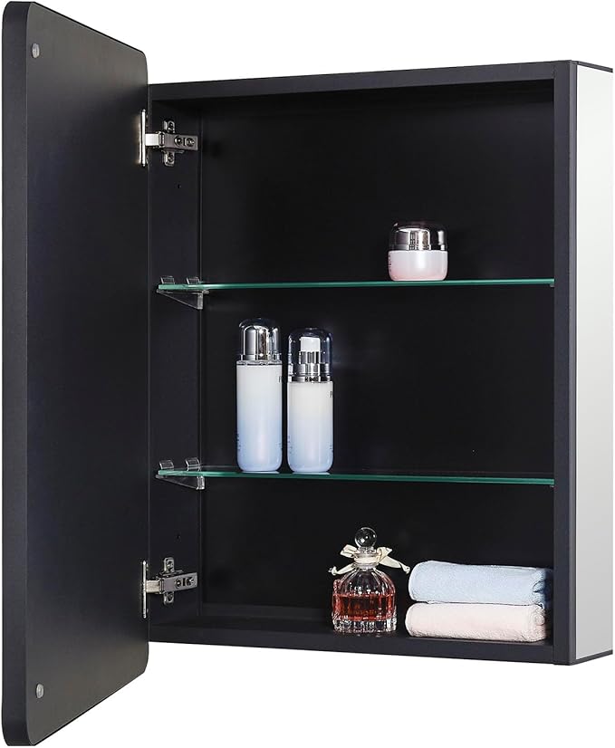 Black Bathroom Mirror Medicine Cabinet with Round Corner Framed Door 20 x 26 inch, Recessed or Surface Mount, with Adjustable Glass Shelves