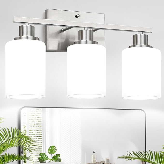 3-Light Bathroom Light Fixtures, Brushed Nickel Vanity Light with Milky White Shades, Bathroom Lighting Fixtures Over Mirror, Modern Bathroom Wall Lamp for Mirror Living Room Cabinet Bedroom