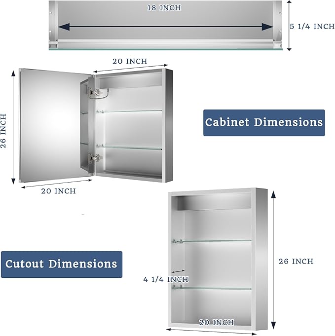 ExBrite Lighted Medicine Cabinet with Mirror, 20 x 26 Inch, Recessed or Surface led Medicine Cabinet, Defog, Stepless Dimming,Color Temperature Change,2 Outlets,Built-in 6000K Sensor Light,Left Hinge