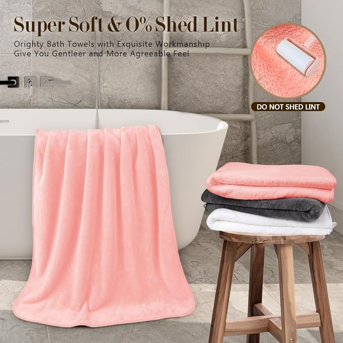 Orighty Microfiber Bath Towels Pack of 4(27'' x 54'') - Soft Feel, Highly Absorbent, Quick Drying for Body, Sport, Yoga, SPA, Fitness - Pink