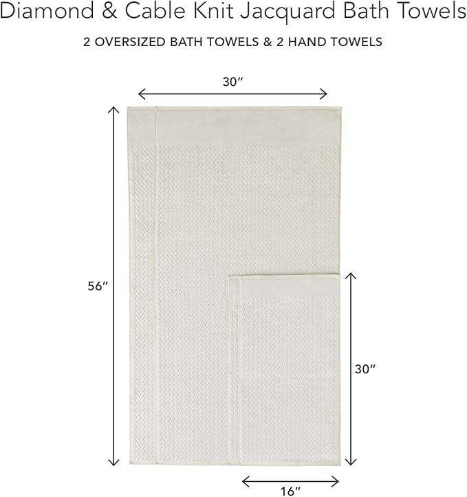 Texere 100% Organic Cotton Jacquard 650 GSM Premium Bath Towel Sets - Extra Absorbent Quick Dry and Plush (Cable, Birch, 2 Bath & 2 Hand Towels)