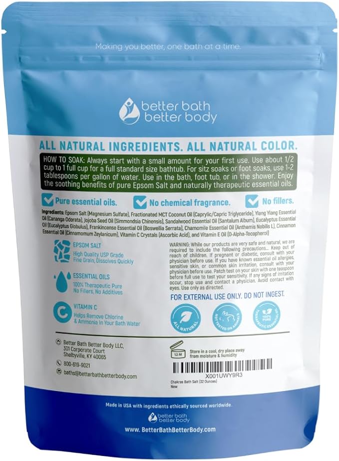 Chakras Bath Salt 32 Ounces Epsom Salt with Natural Ylang Ylang, Sandalwood, Eucalyptus, Frankincense, Chamomile and Cinnamon Essential Oils Plus Vitamin C in BPA Free Pouch with Easy Press-Lock Seal
