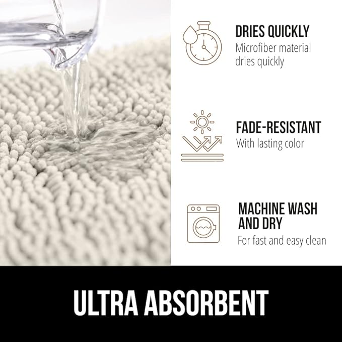 GORILLA GRIP Bath Rug Mat 60x24, Thick Soft Absorbent Chenille, Quick Dry Microfiber Mats, Rubber Backing Washable Shower Floor Rugs, Bathmat Runner, US Designed Bathroom Home Decor Accessories Ivory