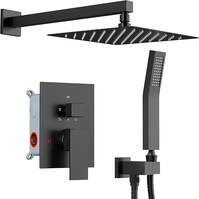 Shower Faucet Set Matte Black Shower System, Starbath 12" Rain Shower Head and Handheld Spray Shower Set Complete Wall Mounted,2 Way Pressure Balance Shower Valve and Trim Kit Included