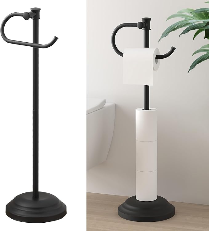 Hoimpro 25" Toilet Paper Holder Free Standing, Floor Bathroom Toilet Paper Tissue Roll Holder with Shelf Stand for 4 Rolls, with Storage, Freestanding Handle Hardware Accessories Rack Matte Black