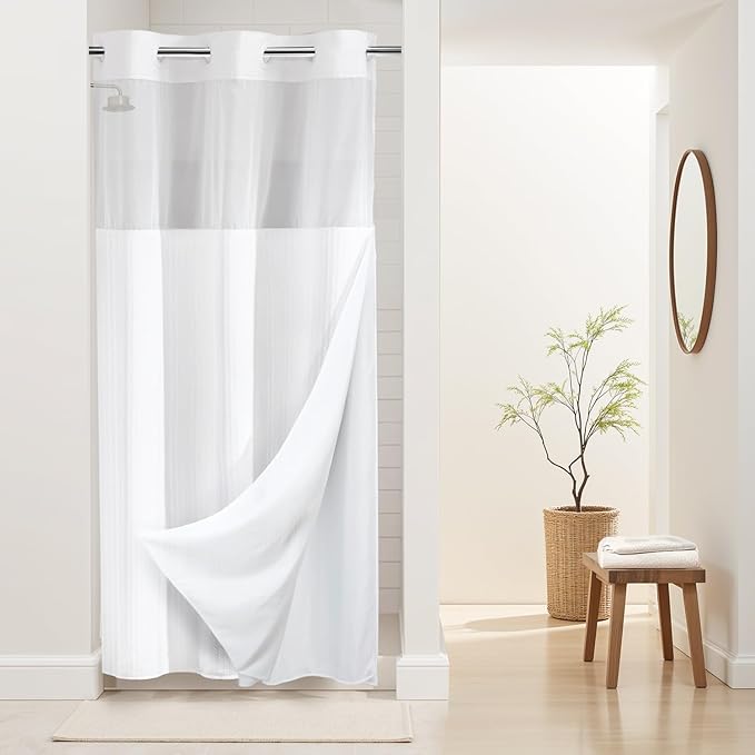 River Dream Stall Heavyweight No Hooks Required Dotted Waffle Weave Shower Curtain with Snap in Liner - 36W x 74H,Hotel Grade,Spa Like Bath Curtain,White
