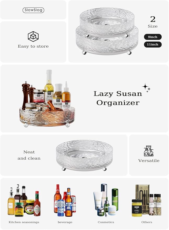 2 Pcs Lazy Susan Organizer, 9in &11in Elegant Lazy Susan Turntable Organizer, Modern Rotating Storage Organizer for Kitchen, Bathroom, Vanity, Countertop