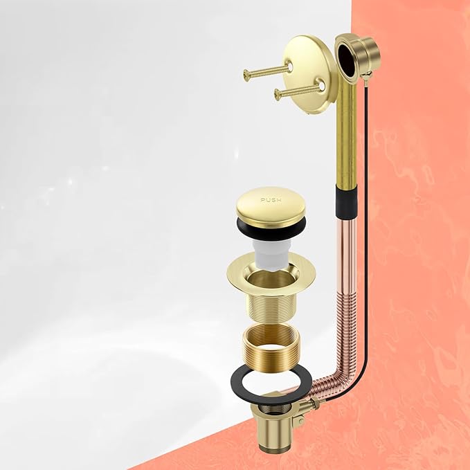 Gold Bathtub Drain Tip-Toe Tub Trim Set with Two-Hole Overflow Faceplate Bathroom Tub Drains Replacement Conversion Tub Drain Kit Assembly with Universal Fine & Coarse Thread