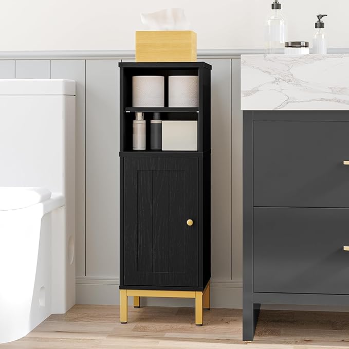 Bathroom Storage Cabinet, Corner Floor Cabinet with Shelves, Customized Door Opening Direction, Bathroom Organizer with Adjustable Shelf for Kitchen, Living, Toilet Paper Cabinet, Black