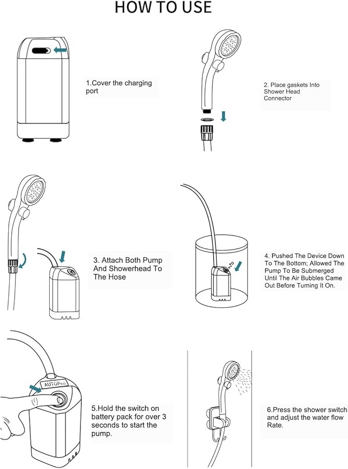 AUTOPkio Portable Camping Shower - Outdoor Camp Shower with Showerhead Sprayer & Rechargeable Battery Pump for Camping, Travel, Hiking, Car Washing, Pet Bath