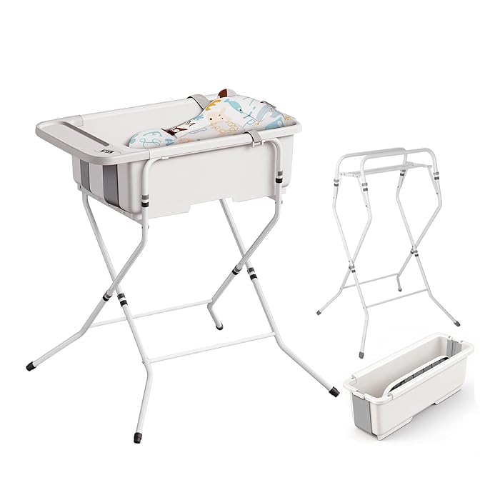 Collapsible Baby Bathtub with Stand - Large Baby Bath Tub with Thermometer & Cushion | Portable Travel Newborn Infant Bathtub | Foldable Toddler Bathtub for Baby 0 to 36 Months (White)