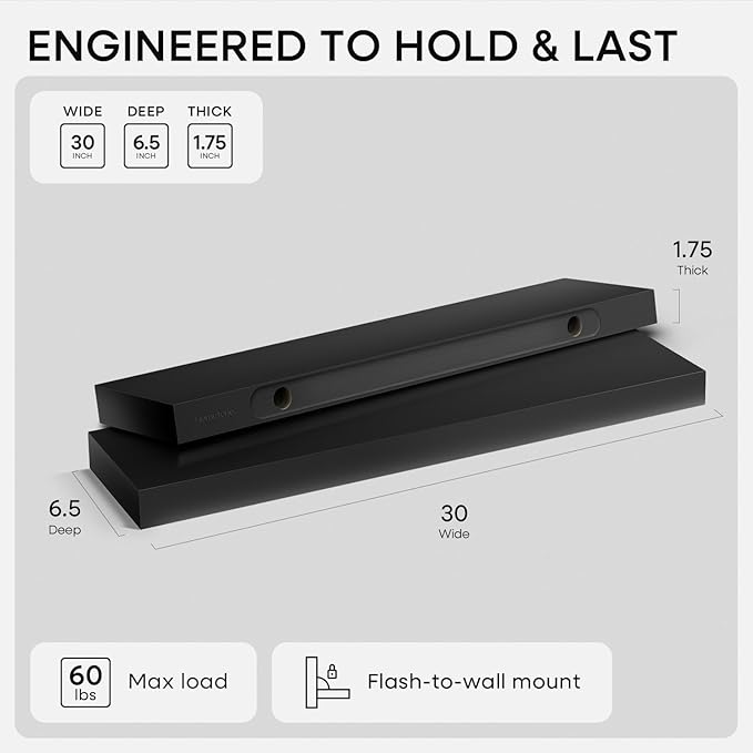 Homeforia Black Floating Shelves 30 inches Long, High End Solid Real Wood 30 inch Floating Shelf for Wall Mounted, Black Wooden 30in Floating Shelves, Heavy Duty Bracket, 30 X 6.5 X 1.75 in, Set of 3