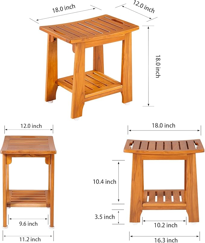 18" Standard Teak Shower Bench with Shelf & Handle - Waterproof, Non-Slip Bath Stool, 300 lbs Capacity - Fits Standard Tubs/Showers & Outdoor Use (Patented)