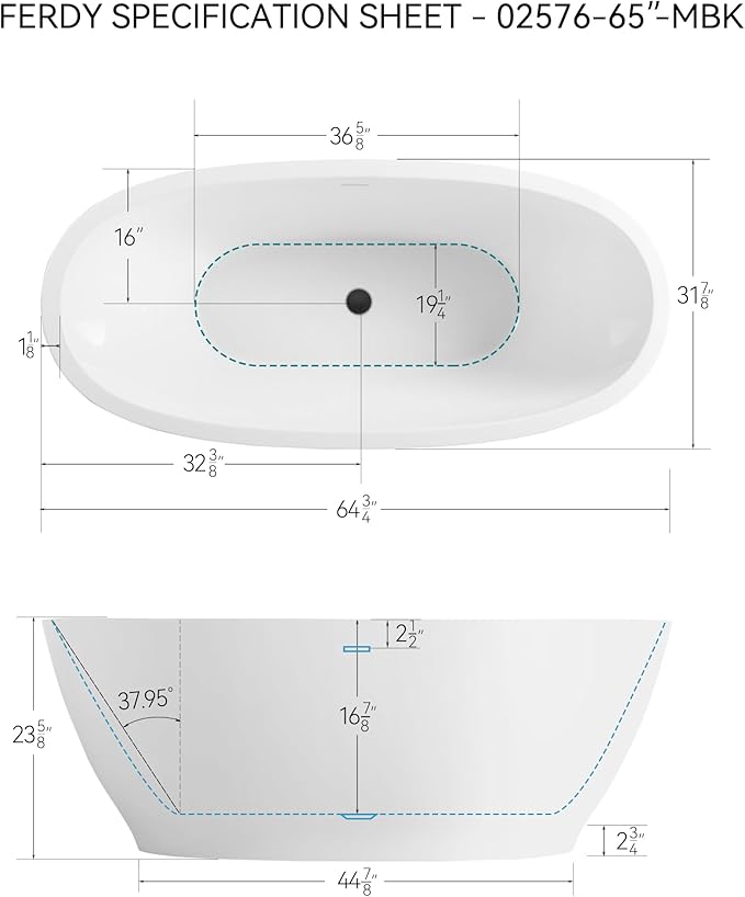 FerdY Koh Samui 65" Freestanding Bathtub, Elegant Oval Shape, Double Walled Insulation Bathtub with Center Matte Black Drain & Minimalist Linear Design Overflow