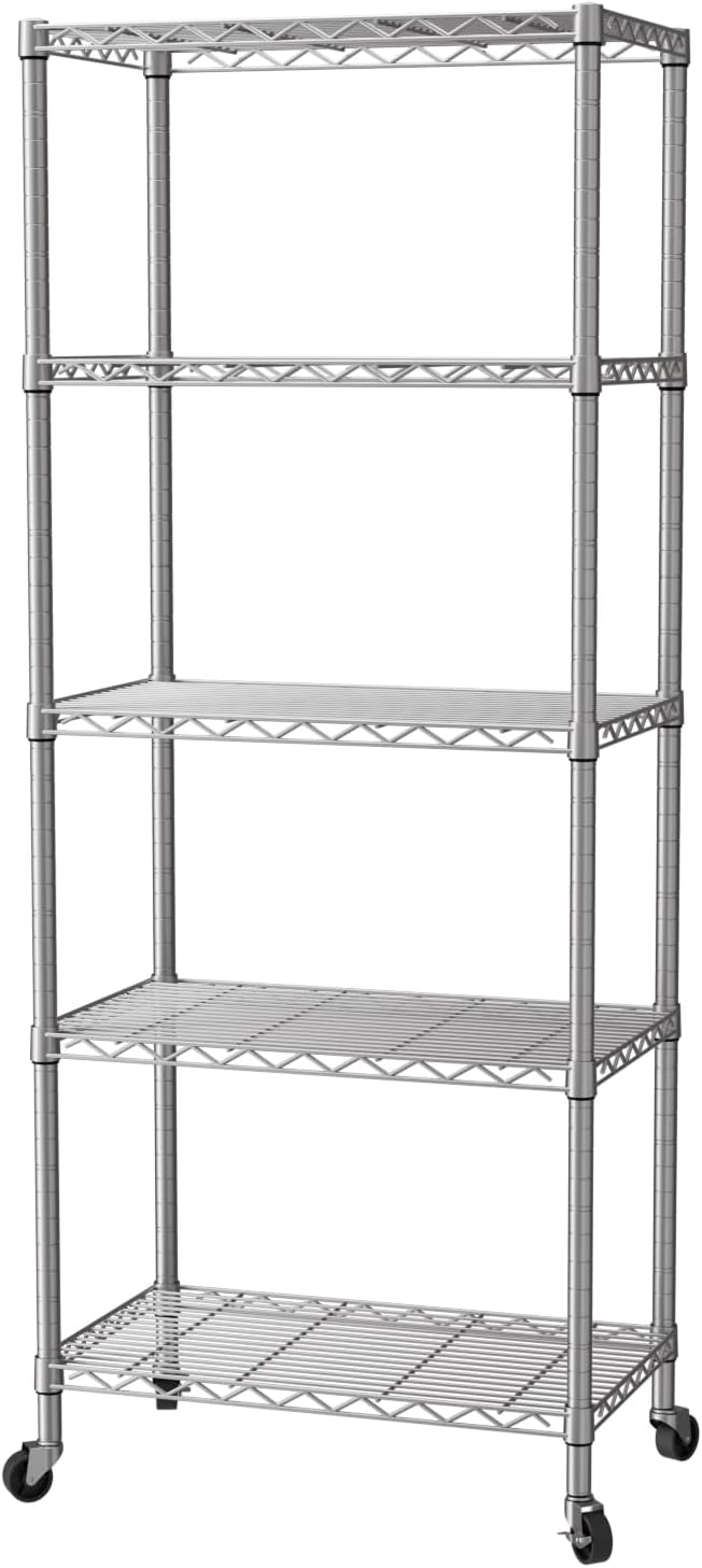 SINGAYE 5 Shelves Storage Shelf Wire Closet Bathroom Organizers Metal Pantry Kitchen Garage Shelving Unit Laundry Room Organization Home Rack Net Basket White with Wheels