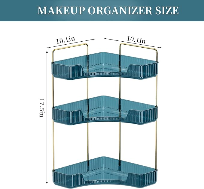 Corner Bathroom Countertop Organizer, Vanity Organizer Trays for Counter, Makeup Organizers, Perfume Tray, Skincare Shelf Storage Gifts for Women Girl Student (Blue, 3 Tiers)