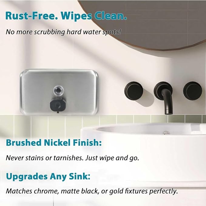 Commercial Soap Dispenser Wall Mount – Antirust Stainless Steel Soap Dispenser Liquid 38.8oz Large Capacity (Horizontal), Anti-Leak SUS304 Brushed Metal for Bathroom & High-Traffic Areas