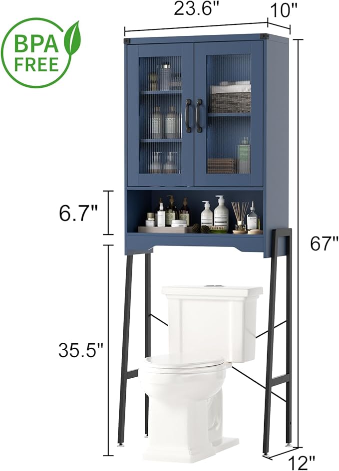 Over The Toilet Storage Cabinet with Tempered Glass Doors and Adjustable Shelf, Bathroom Organizer with Metal Stand Space Saver Over Toilet , Modern Toilet Rack for Bathroom, Restroom, Laundry, Blue