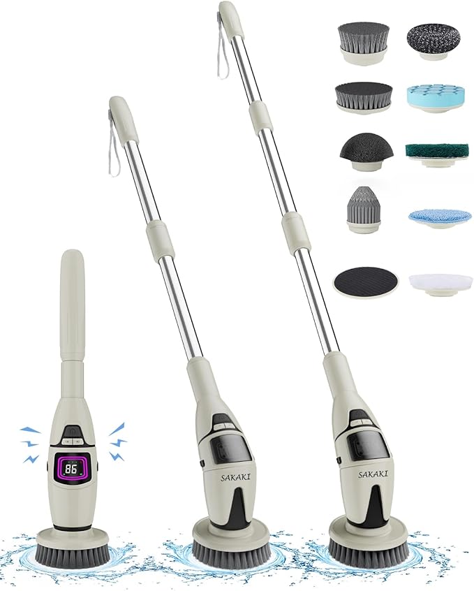 Electric Spin Scrubber Cordless Shower Cleaning Brush with 10 Replaceable Heads Powerful IPX7 Waterproof Bathroom Cleaner 3 Speeds Detachable Long Handle Voice Broadcast for Floor Car Kitchen