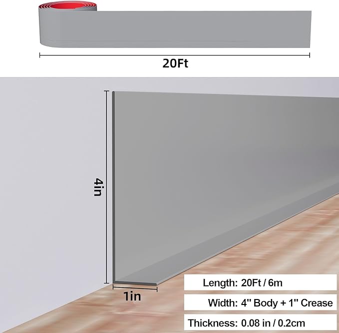 Duzzy Flexible Baseboard Molding Trim, 5 Inch(W) x 40 Feet(L) Peel and Stick Rubber Wall Trim Molding, Self-Adhesive Vinyl Wall Base Cove Base (Grey)