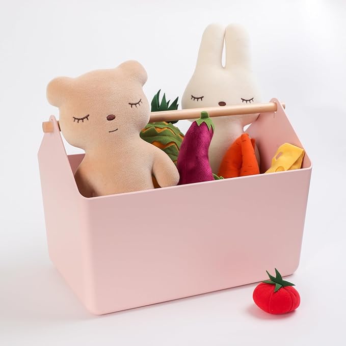 BLUE GINKGO Large Storage Basket – Plastic Caddy with Wooden Handle for Bathroom, Pantry, or Cleaning Supplies (Pink)