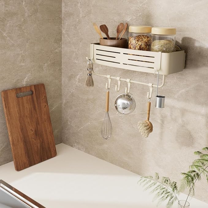 Onemake Aluminum Shower Caddy Suction Cup, No Drilling Bathroom Shower Shelf, Corner Shower Caddy with 6 Portable Hooks, Removable Bath Organizer with Towel Bar for Bathroom Storage(Cream White)
