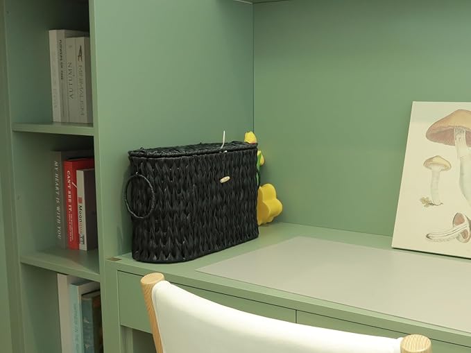 Black Toilet Paper Basket with Lid,Wicker Toilet Paper Storage Stand,Large Narrow Bathroom Towel Basket Mega Roll Container Bin for Toilet Tank,Floor