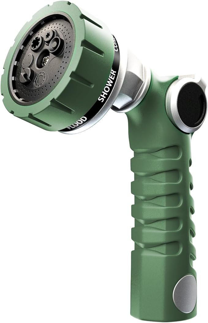 RESTMO Heavy Duty Hose Nozzle, Metal Garden Water Hose Sprayer with 7 Watering Patterns, Thumb Control, On Off Valve, High Pressure Nozzle Sprayer for Watering Plants, Car and Pet Washing, Green