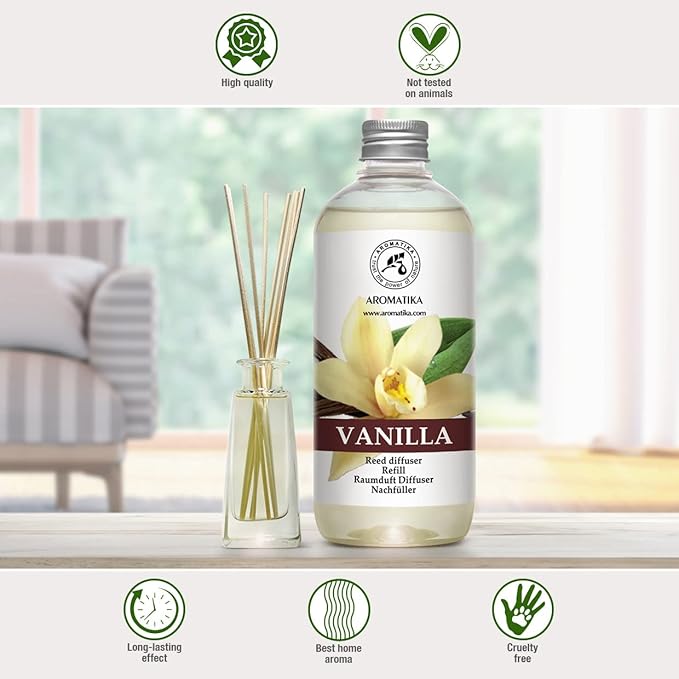 Vanilla Diffuser Refill w/Natural Essential Vanilla Oil 17 Fl Oz - Intensive - Fresh & Long Lasting Fragrance - Reed Diffuser Oil - Best for Aromatherapy - SPA - Home - Office - Fitness Club