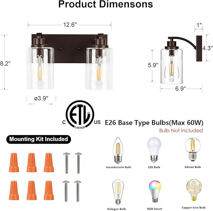2-Light Bathroom Light Fixtures Modern ORB Vanity Lights for Bathroom Lighting Fixtures Over Mirror with Clear Glass Shade for Cabinet Mirror Bedroom Hallway
