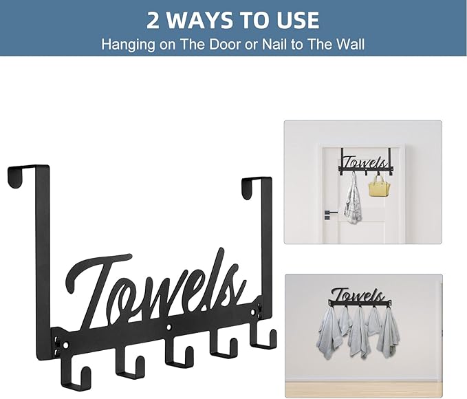 Over The Door Hooks, Towel Rack Towel Hooks for Bathroom, Towel Holder for Hanging Heavy Duty, Door Rack Over Door Hanger with 5 Coat Hooks for Bedroom Bathroom Kitchen, Black