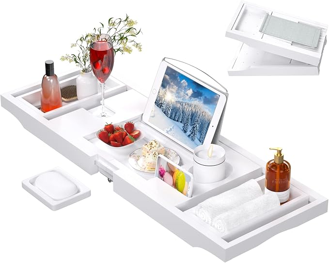Artmalle Bathtub Caddy Tray - Expandable and Foldable Bath Tray for Tub, Luxury Bamboo Bath Caddy Tub Table, Bathtub Accessories with Book Holder and Free Soap Dish, White