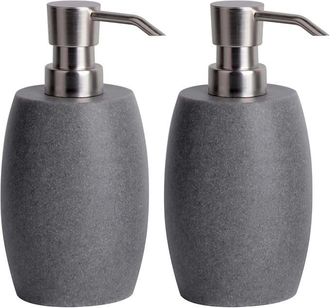 Sandstone Textured Resin Soap Dispenser with Metallic Pump and Waterproof Bottle Labels for Bathroom Kitchen Dish Hand Wash Shower Lotion Shampoo, 12 Oz, 2 Sets Gray