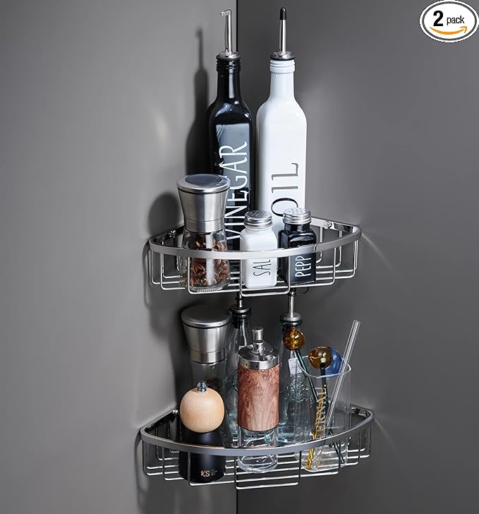 Corner Shower Caddy Organizer, SUS304 Stainless Steel Heavy Duty Rust-Proof Shelf Shampoo Holder, Wall Mounted Storage Rack for Bathroom Kitchen, 2 Packs Polished Chrome