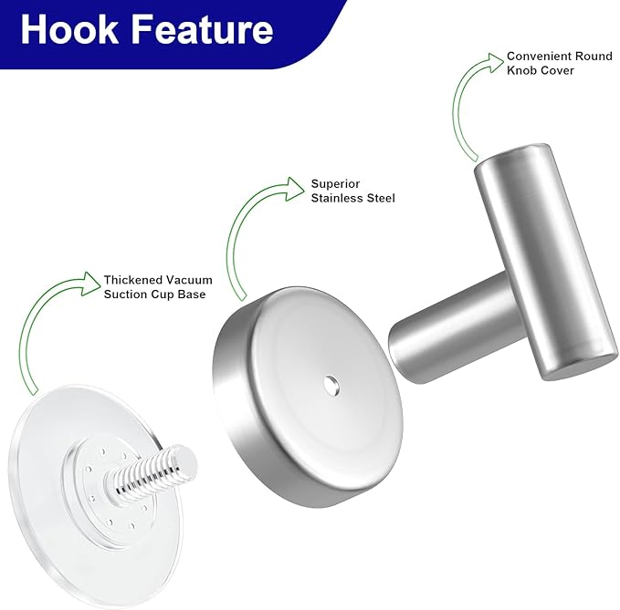Suction Cup Hooks for Shower, Shower Hooks for Hanging Towels, Robes, Bath Balls, Stainless Steel Towel Hooks for Bathroom Wall, Glass Door, Kitchen, Mirror, Tile (2 Pack，Silver)
