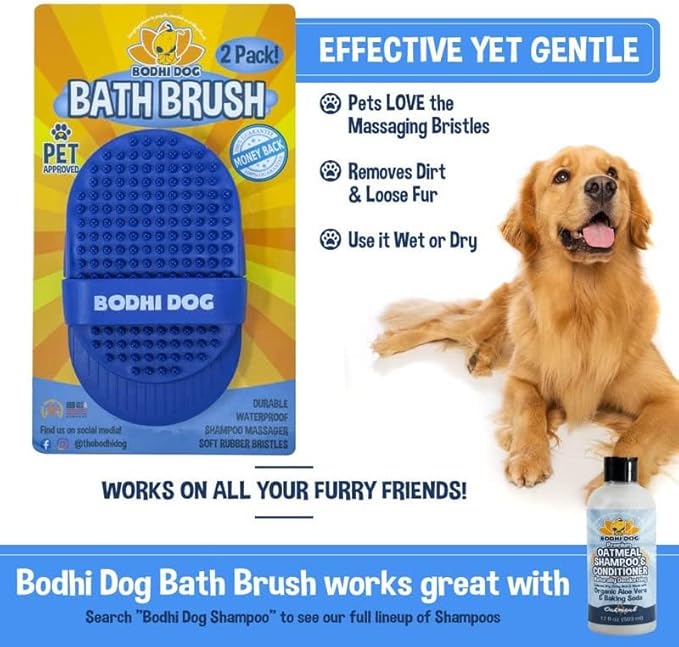 Bodhi Dog Shampoo Brush - Pet Grooming & Bath Supplies for Dogs and Cats - Bath Brush for Long & Short Hair - Premium Scrubber for Shower, Bathing & Massage (Two Pack, Blue)