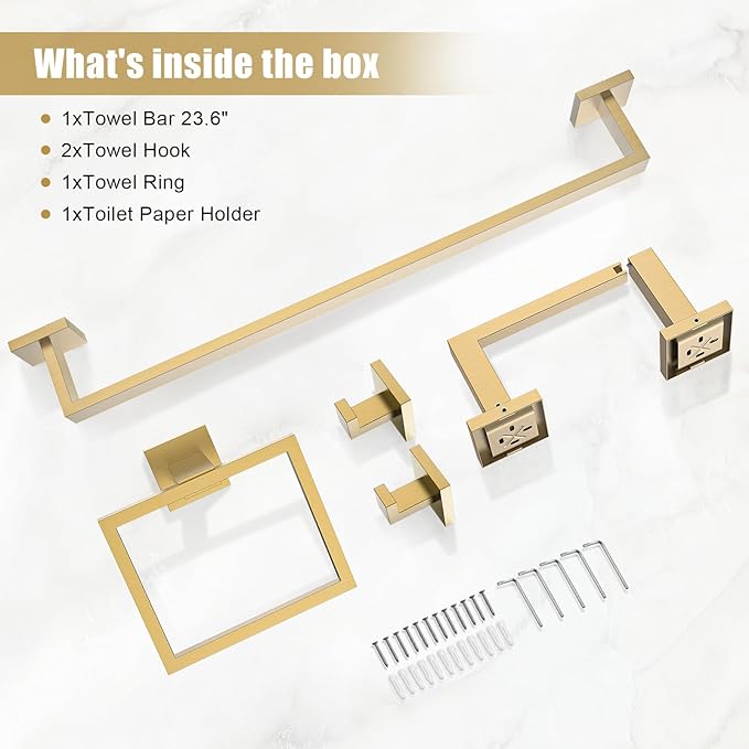 TQKAG Brushed Gold Bathroom Hardware Accessories Set 5 Pieces, Double Post Pivoting Toilet Paper Holder Set Stainless Steel Square Bathroom Towel Bar Holder Set Wall Mounted